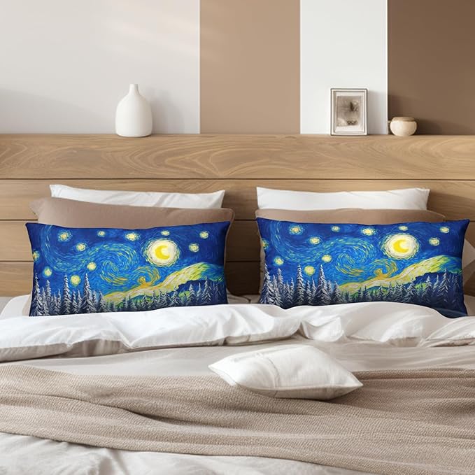 Winter Pine Forest Pillow Covers Van Gogh Starry Night Lumbar Throw Pillow Covers Christmas Tree Pillowcase 12x20 Set of 2 Rectangular Cushion Case for Living Room Couch Sofa