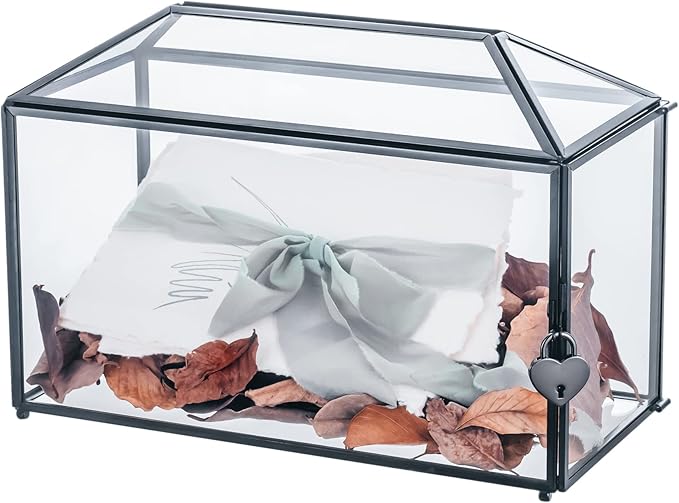 NCYP 12.6" x 5.9" x 9" Wedding Glass Card Box with Slot and Lock for Wishing Well, Keepsake, Envelope - Birthday Party Reception Decor, Black (Glass Box Only) Slot Length 7.3 Inches