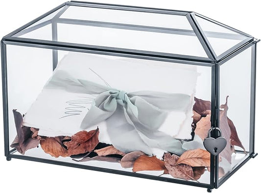 NCYP 12.6" x 5.9" x 9" Wedding Glass Card Box with Slot and Lock for Wishing Well, Keepsake, Envelope - Birthday Party Reception Decor, Black (Glass Box Only) Slot Length 7.3 Inches