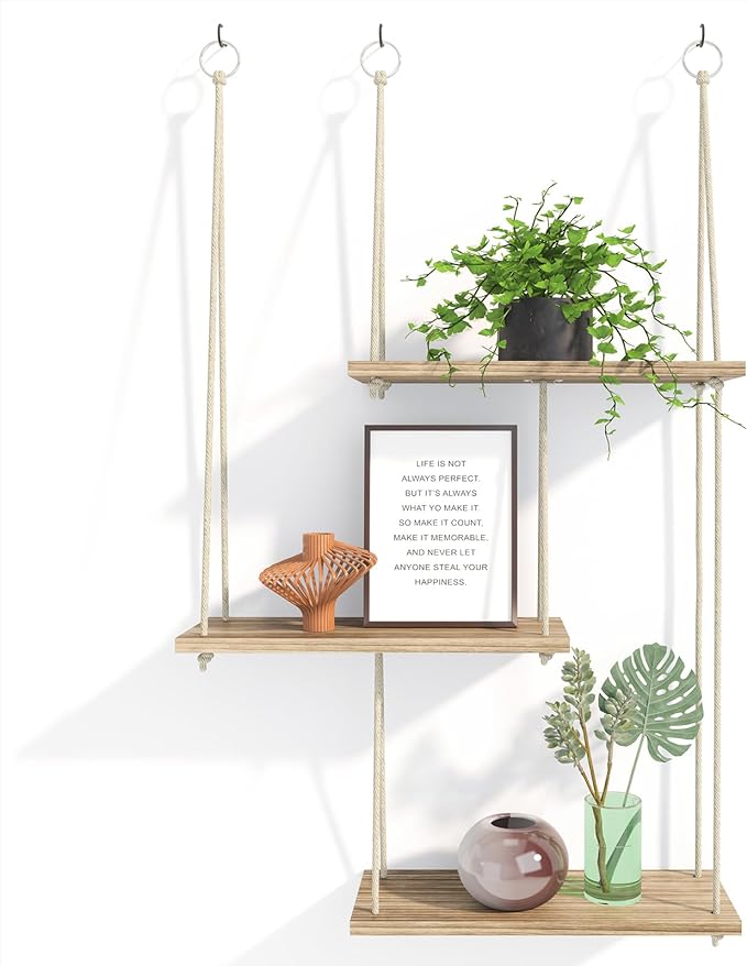 Fixwal Hanging Plant Shelves for Wall, 3 Tier Boho Wall Decor Plant Rack Floating Shelves Rope Rustic Wood Organizer Storage Hanger for Aesthetic Home Bedroom Kitchen Bathroom- Rustic Brown