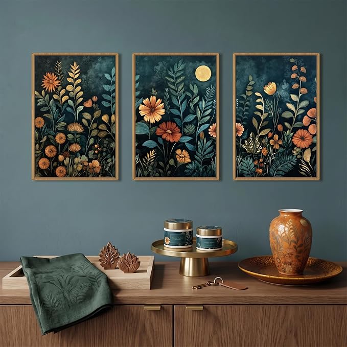 Vintage Dark Botanical Framed Canvas Wall Art Set,Colorful Floral Wall Decor,Moody Blue Wildflower Wall Painting,Nature Blossom Flower Art Prints for Living Room,Bedroom,Office-16"X24"x3