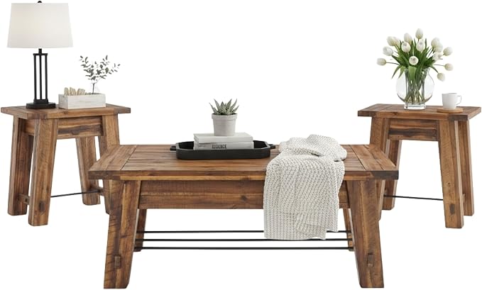 Alaterre Furniture Durango Solid Wood Coffee Table Set of 3, Rustic | Living Room Table Set Include 48-Inch Coffee Table and 2 27-Inch End Tables with Sturdy Metal Accents and Storage Shelf