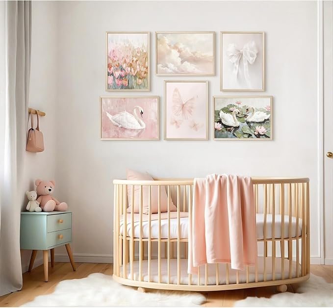 Coquette Pink Wall Art Decor Aesthetic Swan Posters Bow Flower Canvas Wall Art Preppy Cute Pictures Trendy Butterfly Posters Coquette Aesthetic Prints for Girl Dorm Bedroom 12x16x6 Inch Wood Framed