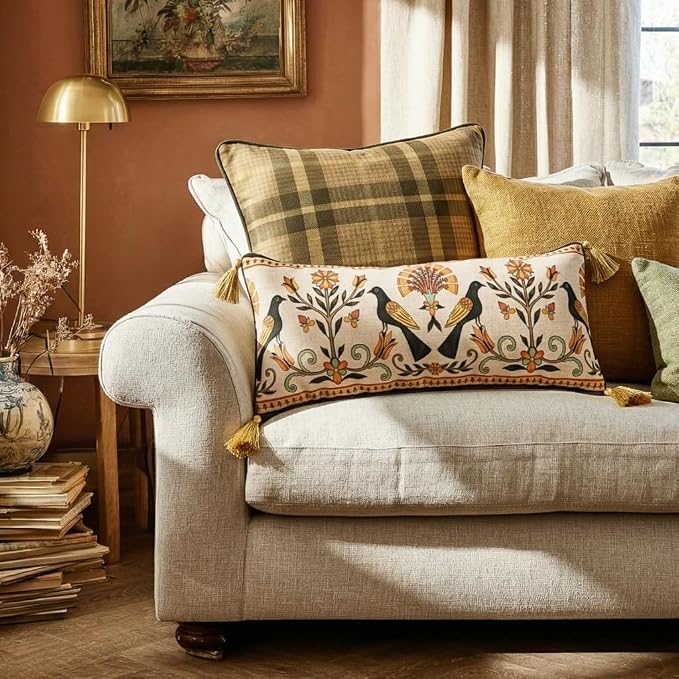 bilin gaier Rectangle Linen Throw Pillow Covers,28"x12" Set of 2-Seville C | Designer Vintage Elegant Pillow Cover,Concealed Zipper,Floral and Bird Pattern,Sofas,Bedroom,Living Room,Chairs