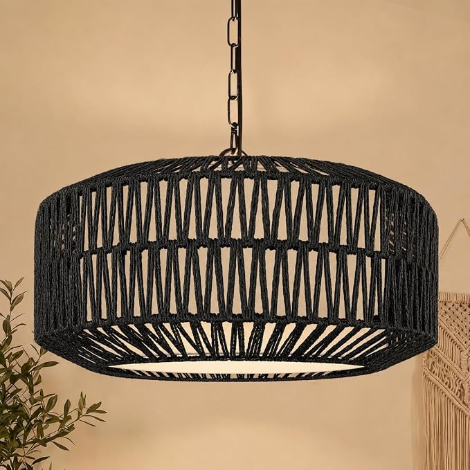 9"-52" Height Adjustable Farmhouse Chandelier Light Fixture, 5-Light Rattan Boho Chandeliers for Dining Room, Hand Woven Pendant Light with Linen Shade, Rustic Hanging Lighting for Kitchen Island