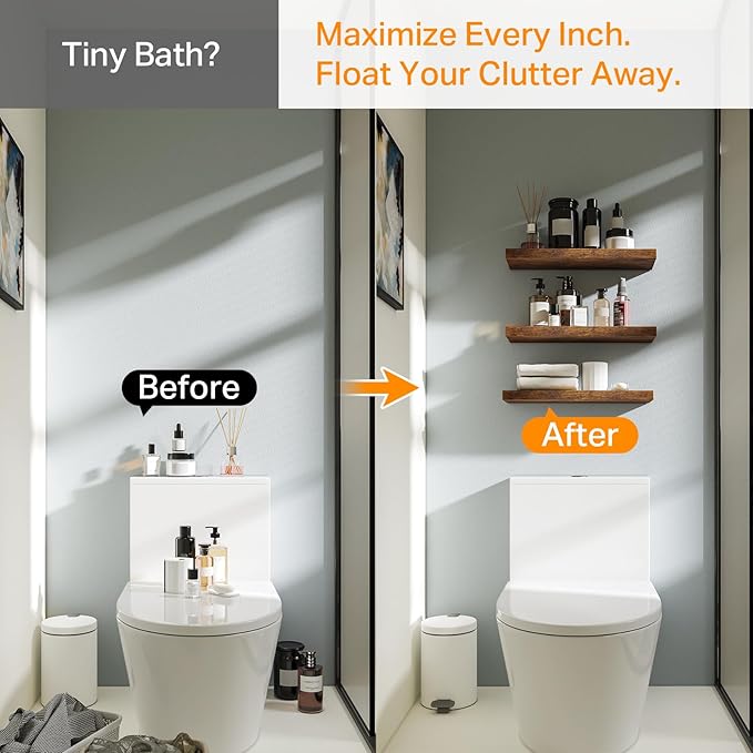 BAYKA Floating Shelves Bathroom for Wall – Shelf Over Toilet Farmhouse Rustic Wood for Bedroom, Kitchen, or Living Room Decor Organization, Bathroom Decor Shelves – Rustic Brown, Set of 3