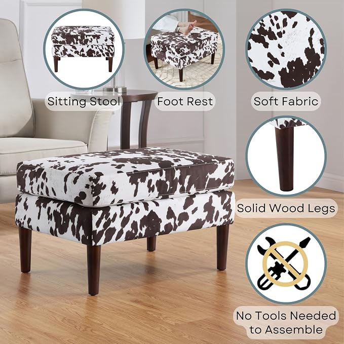 Convenience Concepts Designs4Comfort Marlow Ottoman 27" - Mid-Century Modern Upholstered Footrest & Seat for Living Room, Bedroom, Hallway, or Entryway, Brown Cow Print Fabric
