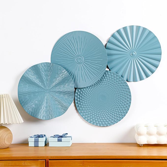 Hicarer 4 Pcs 12 Inch Metal Wall Art Decor Sunburst Hanging Metal Artwork Decor Wall Art Decorations for Home Living Room Office Gift for Christmas(Ocean Blue)