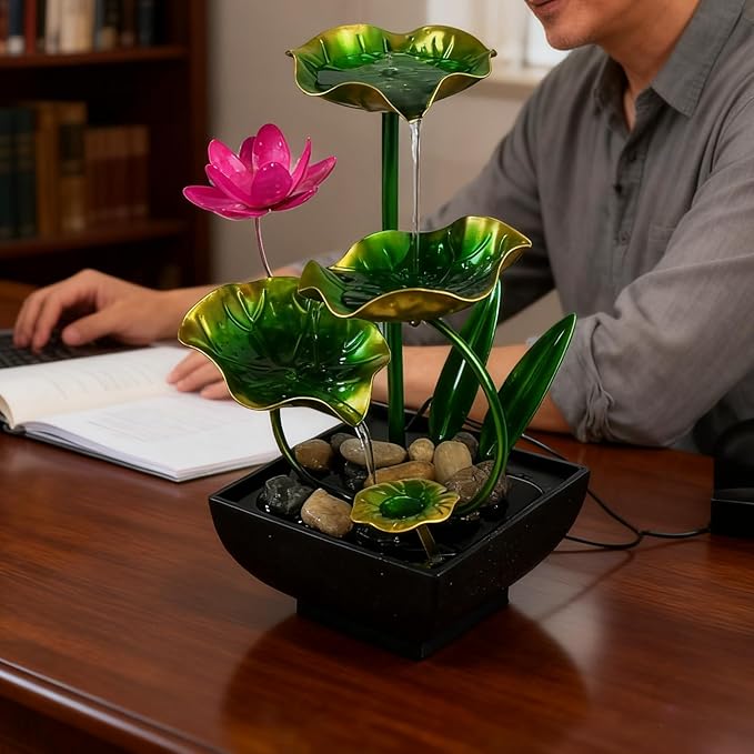 AOZITA Tabletop Fountain, Indoor Waterfall Fountain, Tall Home Décor Zen Relaxation Soothing Sound Machine for Office, Living Room, or Bedroom, Green Metal Lotus with Flower, River Rocks, LED