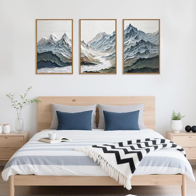 DRACIT Large Snow Mountain River Framed Canvas Wall Art Set,Modern Abstract Nature Landscape Wall Decor,Neutral Blue and White Ridge Scenery Artwork for Living Room,Bedroom,Office-16 x24 x3