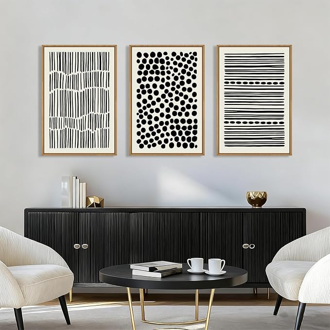 KAIRNE Abstract Black and White Framed Canvas Wall Art Set, Modern Geometric Wall Decor, Minimalist Line Art Prints, Neutral Boho Dots Artwork for Living Room, Bedroom, Farmhouse, Office -24"x36"x3