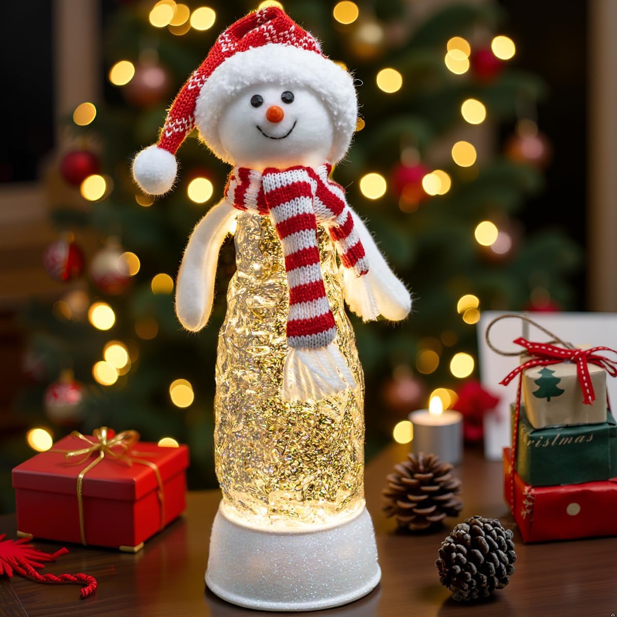 Christmas Snowman Decorations, Colorful LED Lighted Snowman Plush Swirling Glitter Musical Christmas Snow Globe, Christmas Water Lantern Ornaments for Festival Decoration Gifts