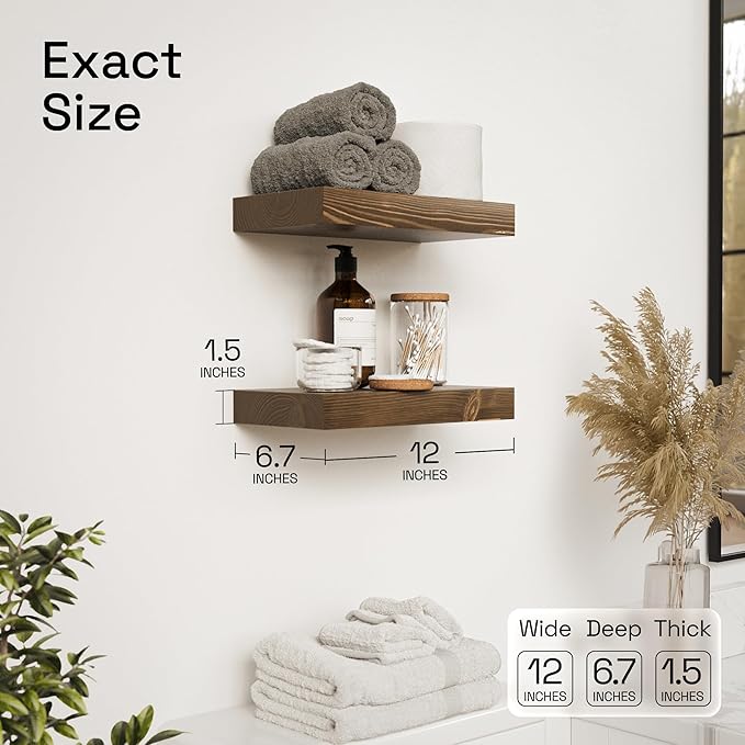 Solid Wood Floating Shelves for Wall 12 Inch Walnut, Small Wooden Shelf | Real Wood, Wall Mounted, Rustic, Bedroom Kitchen Bathroom Living Room, Walnut Finish, 12W x 6.7D, Set of 2