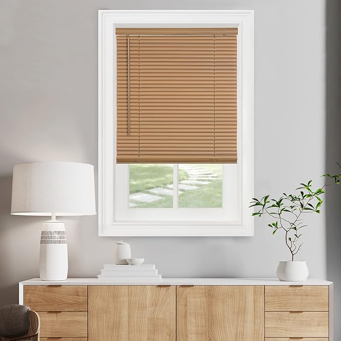 Cordless Light Filtering Mini Blind - 24 Inch Width, 64 Inch Length, 1" Slat Size - Woodtone - Cordless GII Morningstar Horizontal Windows Blinds for Interior by Achim Home Decor