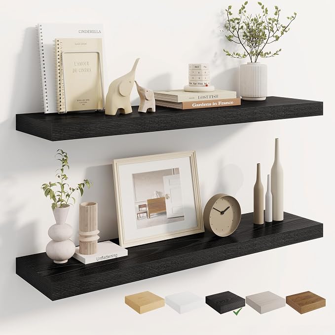 Dreamland 36 Inches Floating Shelves for Wall, 8" Deep Long Floating Shelves Set of 2, Large Display & Storage Shelf, Wall Shelf for Bathroom Bedroom Living Room Kitchen Office, Black