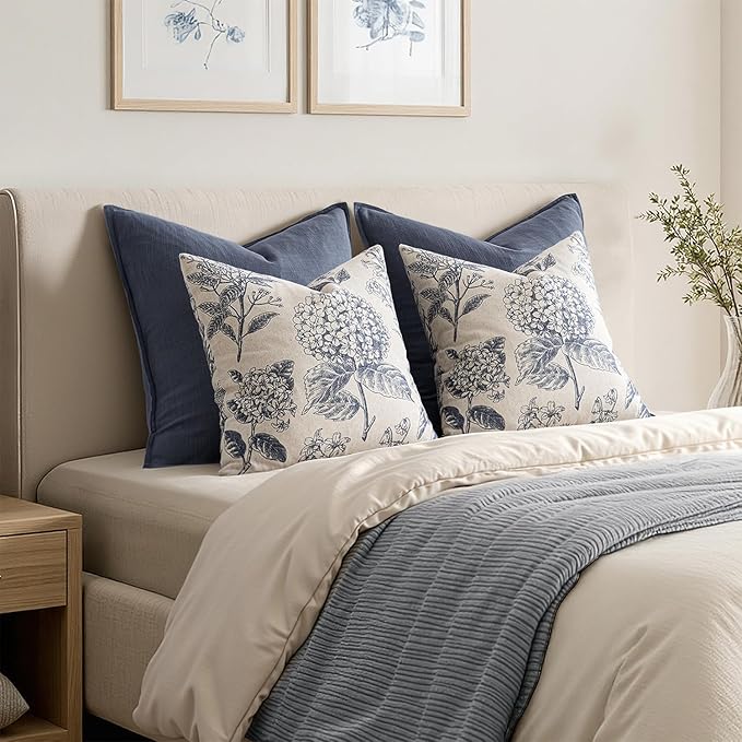 Set of 2 Decorative Floral Neutral Pillow Covers 22x22 Inch Light Blue Hydrangea Print Spring Boho Vintage Throw Cushion Covers for Sofa Couch Porch Bedroom Living Room Summer Home Decor
