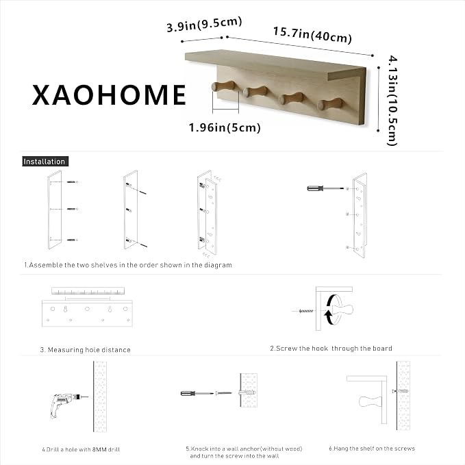 Entrance Coat Rack ，Coat Hooks, Wall-Mounted Wooden Hook Rack, Wall-Mounted Shelves are Very Suitable (Birch Colored Finish)