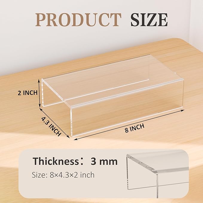 Sezanrpt Acrylic Shelf Riser 8x4.3x2 pack of 2, Clear Display Shelf 12” for Shoes, Glasses, Plants, Home Decors, Perfume, 8x4.3x2 Inch