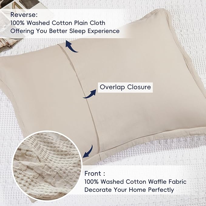 PHF 100% Cotton Ruffle Waffle Pillow Shams Standard Size, 2 Pack 20" x 26" Soft Skin-Friendly Pillowcases, No Filling, Aesthetic Home Decor, Breathable Waffle Weave Bed Pillow Covers, Oatmeal
