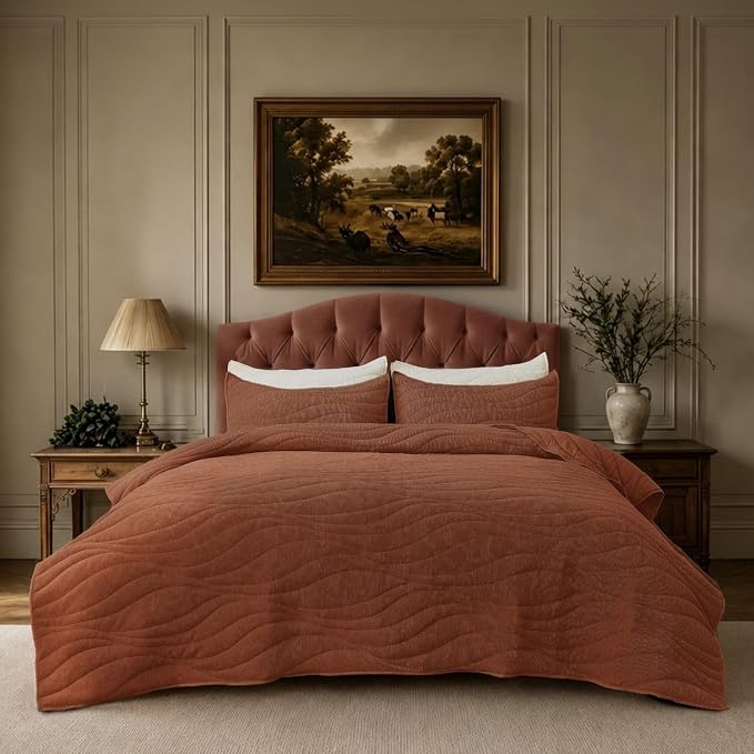 DOWN HOME Crinkle Textured Velvet Quilt Set with Shams, All-Season Luxury Modern Bedding,Easy Care Comforter,Ultra-Soft,Lightweight & Breathable, Cali King, Rosewood Brown