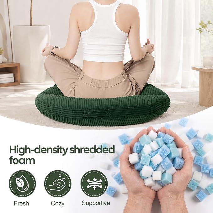 Meditation Cushion, 32 Inch Large Round Floor Pillow, Green | Soft Tufted Corduroy Meditation Pillow for Adults with Handle for Yoga, Cozy Meditation Mat for Reading and Tatami Seating