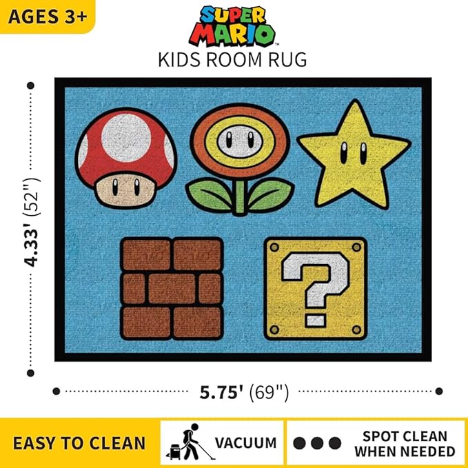 Super Mario Kids Room Non Slip Area Rug, 69 in x 52 in, (Official Licensed Product) By Franco