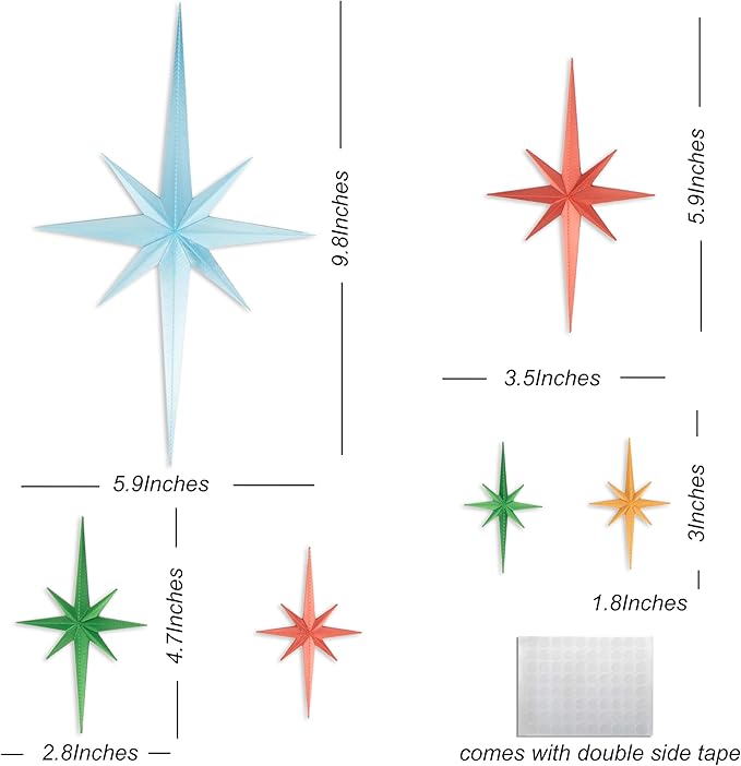 Stylor Mid Century Modern Decor - Whimsigoth MCM Retro 3D Star Wall Art Sculpture, Vintage Celestial Home Decor Accent, Plastic Starburst Decor (Set of 6)