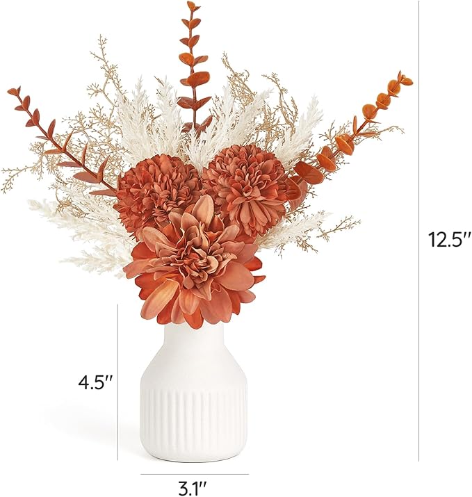 Mkono Small Artificial Flowers in Ceramic Vase 12.5" Centerpieces Coffee Table Decor, Silk Flower Arrangements for Home Decor Indoor Fake Flower Bouquet for Bathroom Dining Room Kitchen Wedding Brown
