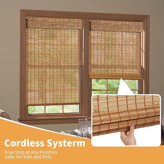 SMONTER Bamboo Roman Shades for Windows-Cordless Wooden Woven Blinds Light Filtering Bamboo Roll up Shades UV Protection and Easy Set up for Door and Countryhouse, 44" W x 64" H, Deer