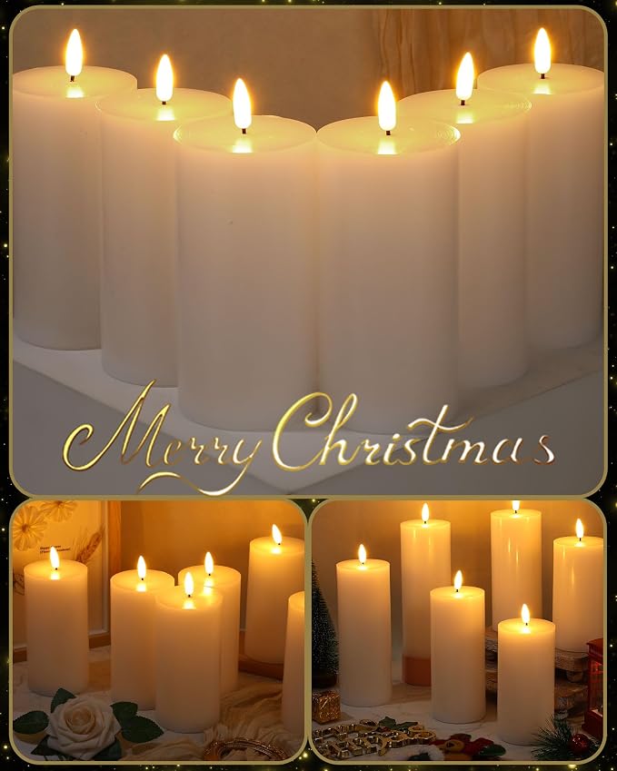 VIHOSE White Flameless Candles Set with Remote and Timer Flickering Flameless Battery Candles Flat Top LED Pillar for Wedding Outdoor Home Festival Decoration(D 3" H 6")
