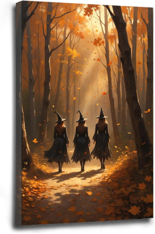 Three witches walking in the forest in autumn canvas painting gothic poster halloween print country witch wall art for home decoration12x16in Wood Framed
