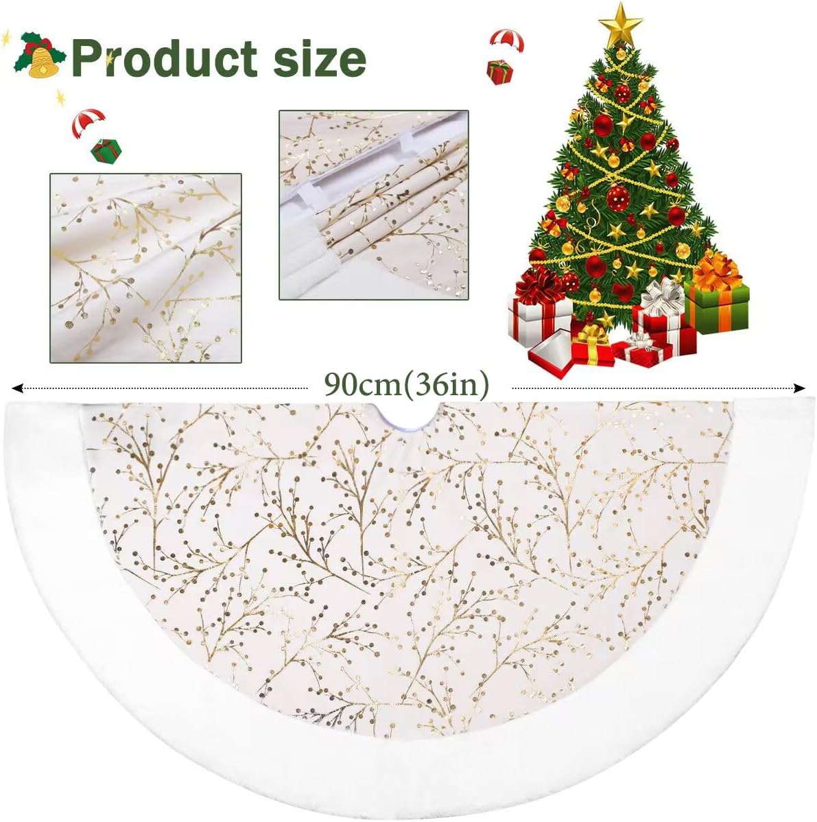 Christmas Tree Skirt, Gold White 36 Inch Faux Fur Plush Christmas Decorations Tree Base Mat Thick Velvet Rugs for Holiday Home Decor Party Xmas