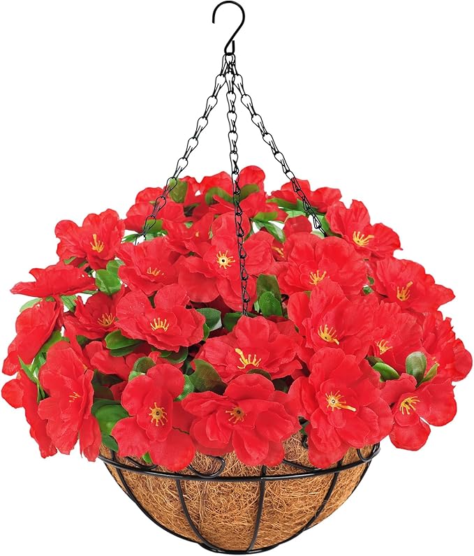 Ouddy Decor Artificial Hanging Flowers with Basket, Silk Fake Azalea Flowers in Coconut Lining Hanging Basket for Indoor Outdoor Yard Garden Patio Home Room Porch Decorations (Red)