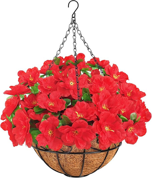 Ouddy Decor Artificial Hanging Flowers with Basket, Silk Fake Azalea Flowers in Coconut Lining Hanging Basket for Indoor Outdoor Yard Garden Patio Home Room Porch Decorations (Red)