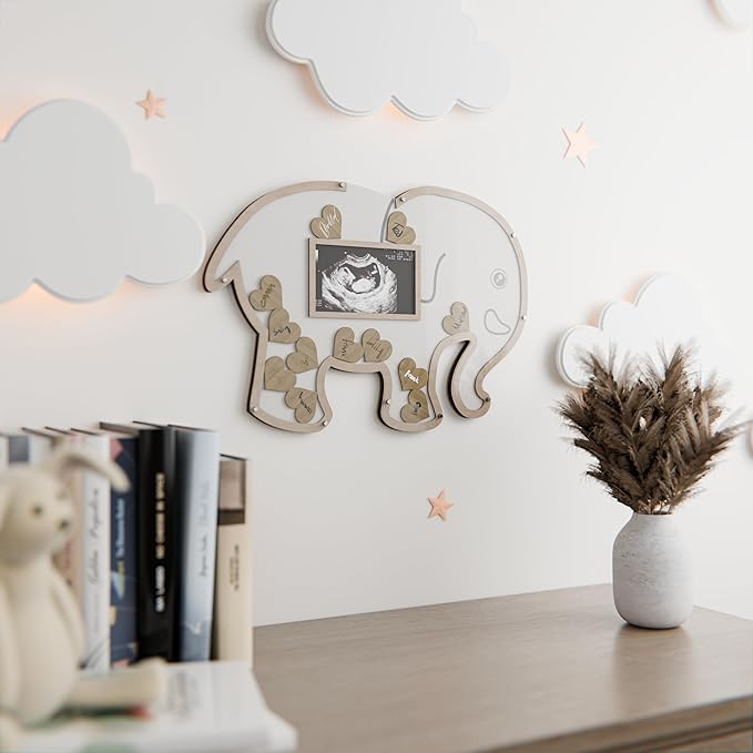 Elephant Baby Shower Guest Book Keepsake - Jungle Decorations Centerpiece - Gender Neutral Boy or Girl - Sonogram Ultrasound Frame Keepsake- Nursery Decor Photo Frame - Safari Shower Sign In Guestbook