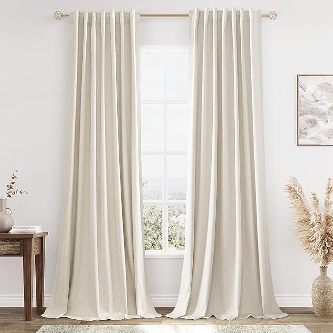 Guken 100% Blackout Linen Curtains 110 Inch Wide by 52 Inch 2 Panels Set for Living Room Bedroom Back Tab Thermal Insulated Black Out Drapes Room Darkening Window Curtains, Linen