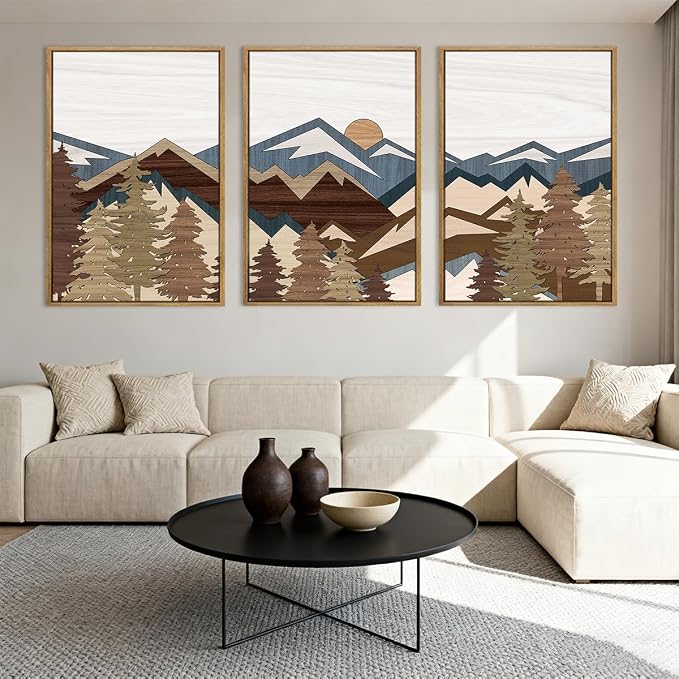 BINCUE Large Mountain Wall Art Vintage Mountains Wall Decor Framed Landscape Artwork Rustic Mountain Art Prints Farmhouse Landscape Wall Pictures for Living Room Bedroom Office Farmhouse 16x24 Inch Set of 3