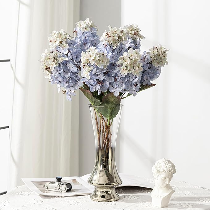 Ttranewsoo Hydrangea Artificial Flowers,Fall Hydrangeas Artificial Flowers,Blue Fake Fall Dried Hydrangea Flowers Decoration,Faux Silk Flower with Stems Winter Decor(Blue 24" 8pcs) Without Vase