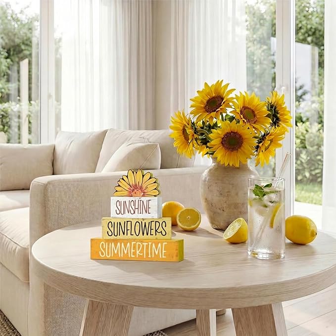 Smile 4 Pcs Summer Indoor Wooden Decor, Sunshine Sunflower Summertime Tiered Tray Farmhouse Table Decoration for Home and Office