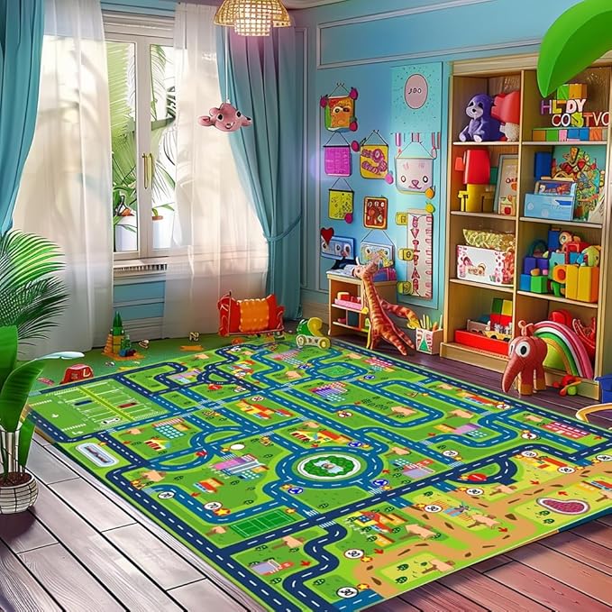 Car Rug Road Rug Kid Play Mat,Playroom Toy Car Mat,Kids Carpet City Map for Bedroom Classroom,Extra Large Thick (59X39.4 Inch)