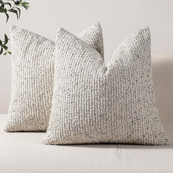 DEZENE Striped Throw Pillow Covers 24x24 Set of 2 Cream Grey Textured Boucle Chic Morden Boho Accent Farmhouse Square Decorative Couch Pillow Covers for Home Decor Bed Sofa Living Room