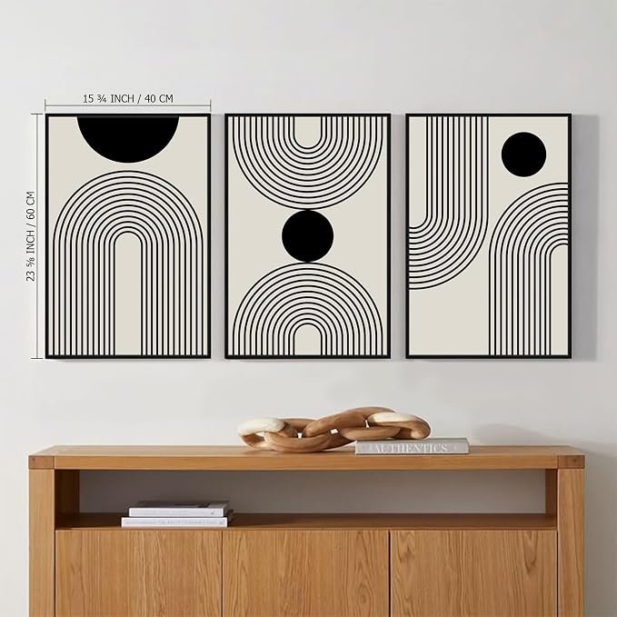 SAFERRYHOME Boho Abstract Wall Art, 3 Pieces Mid Century Modern Framed Canvas Wall Decor Neutral Beige Black Art Painting Print, Geometric Line Artwork Picture for Living Room Bedroom Office, 16"x24"