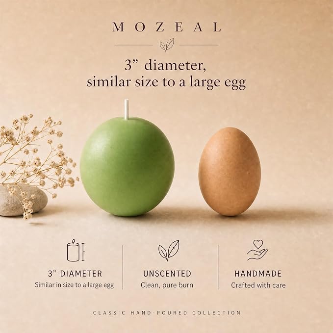 MOZEAL Hand-Poured, 3 Inch Green Round Ball Candles - Elegant Green Round Pillar Candles Set of 3, Dripless, Unscented, Smokeless, Ideal for Spring Celebrations.