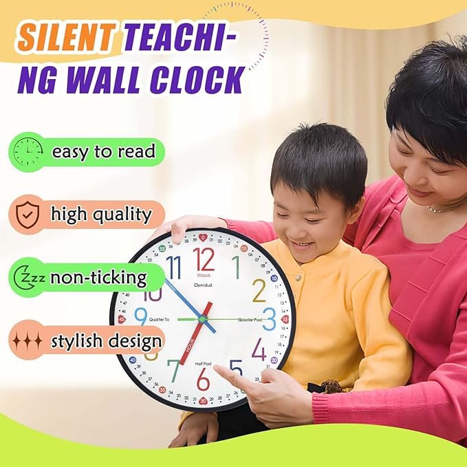 Learning Clock for Kids, 10'' Silent Non-Ticking Teaching to Tell Time Colorful Wall Clocks for Children's Room Bedroom Classroom Home Decor, Gifts for Christmas Birthday (Black)
