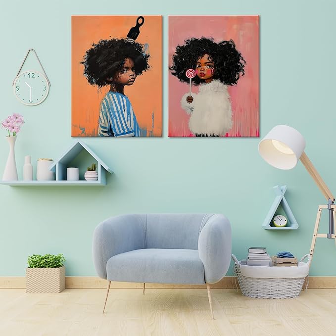 Black Kids Wall Art - Afro American Children Canvas Prints, Modern African American Portrait Paintings for Girls Bedroom, Cute Black Girl Nursery Art, Cultural Wall Decor， Framed16 x 24inches X2piece