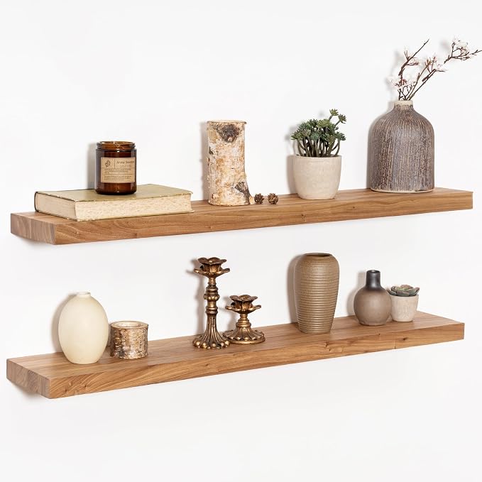 Fun Memories Wood Floating Shelves 36 Inch Long, Solid Elm Wood Wall Shelves Set of 2 for Kitchen, Living Room, Bedroom, Wall-Mounted Rustic Wooden Bathroom Shelf Storage Shelf for Farmhouse, Natural