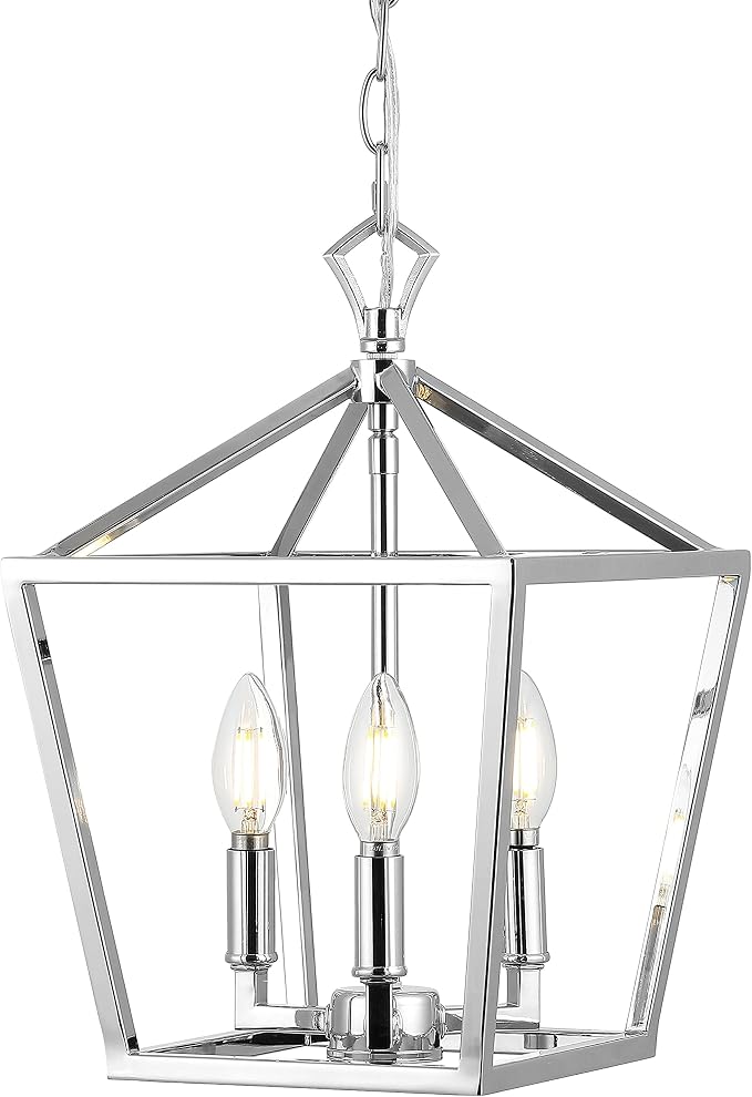 JONATHAN Y 10" Chrome 3-Light Pagoda LED Pendant Lantern, Classic Modern Farmhouse Chandelier for Kitchen Island, Dining Room, Entry, Foyer, Rustic Iron Frame (JYL7601C)