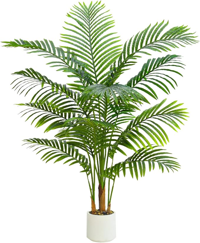 Artificial Palm Tree Indoor Plant 4FT Tall Fake Tropical Palm Tree in Pot, Real Bark Design Faux Areca Palm Tree for Home Office Living Room Bedroom Farmhouse Modern Outdoor Topiary Tree (13 Trunks)