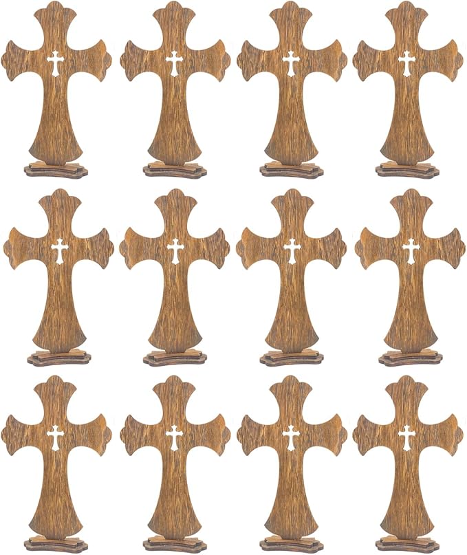 12 Inch 12 Pack Brown Wood Crosses Torched Wooden Tabletop Cross Rustic Standing Cross for Baptism Centerpieces Home Church Decor Prayer Gifts