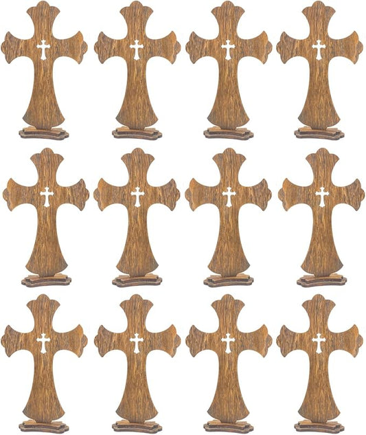 12 Inch 12 Pack Brown Wood Crosses Torched Wooden Tabletop Cross Rustic Standing Cross for Baptism Centerpieces Home Church Decor Prayer Gifts